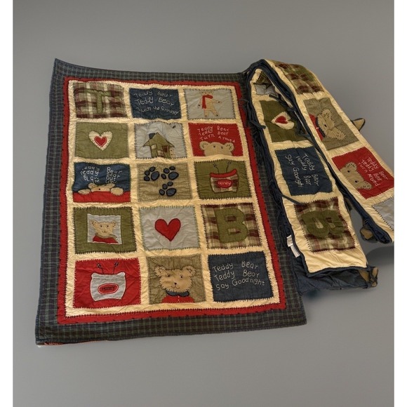 Pottery Barn Kids Teddy Bear Quilt Denim Blue Corduroy Patchwork 50x36 - Picture 2 of 3